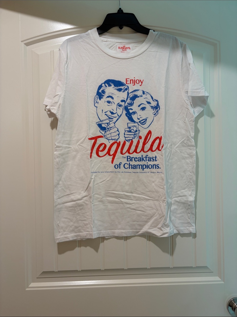sundays White 'Enjoy Tequila' Graphic Tee with Red and Blue Print